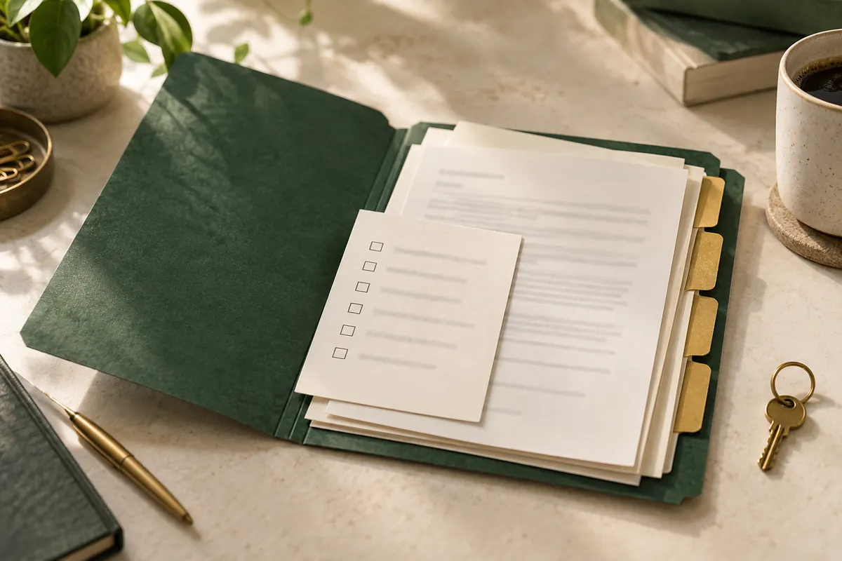 An open green client folder with blank gold divider tabs, a checklist card, a brass key and a cup of coffee