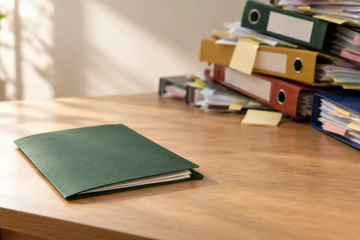 A single slim green folder on a clean desk beside a crowded stack of tabbed binders and sticky notes