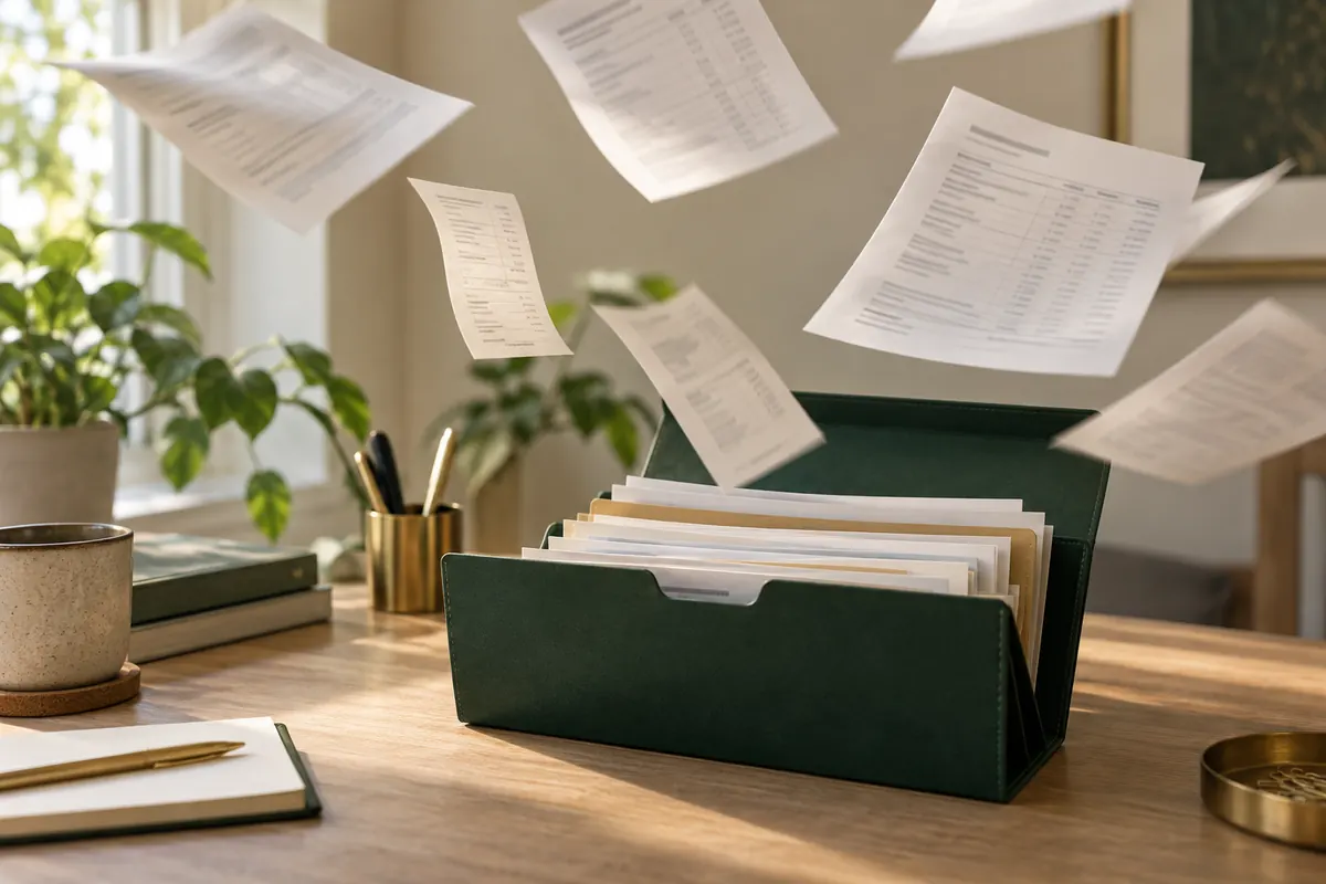 Loose statements falling into an open green file box on a sunlit desk