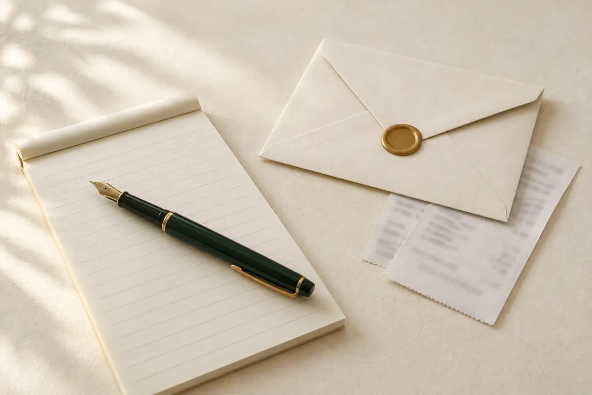 A ruled notepad with a green fountain pen, a sealed cream envelope and two small receipts on a desk