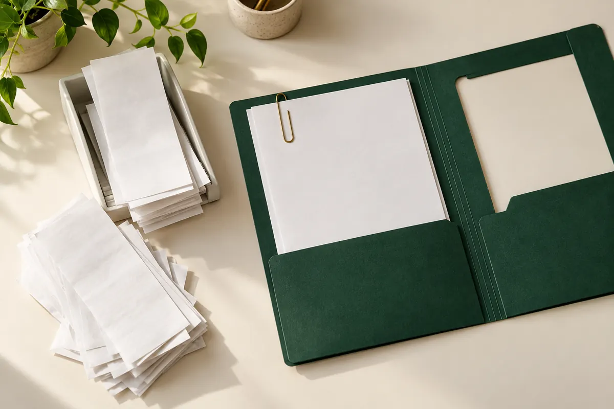 A tray of loose receipts beside an open green folder holding statements, with one pocket still empty