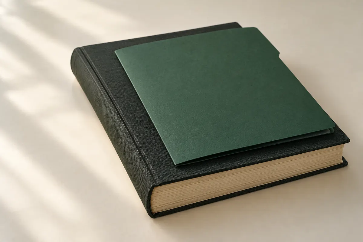A single slim folder resting on top of a large closed ledger on a desk